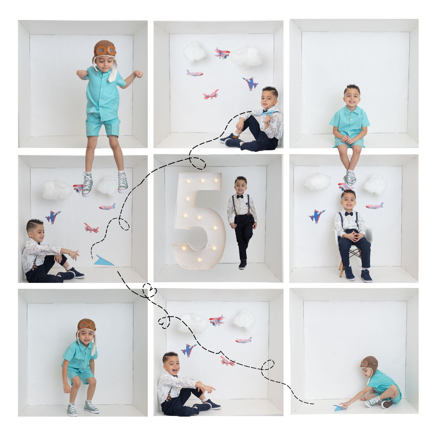 Artistic photo collage showing a playful journey through butterfly-decorated scenes in white and turquoise outfits.