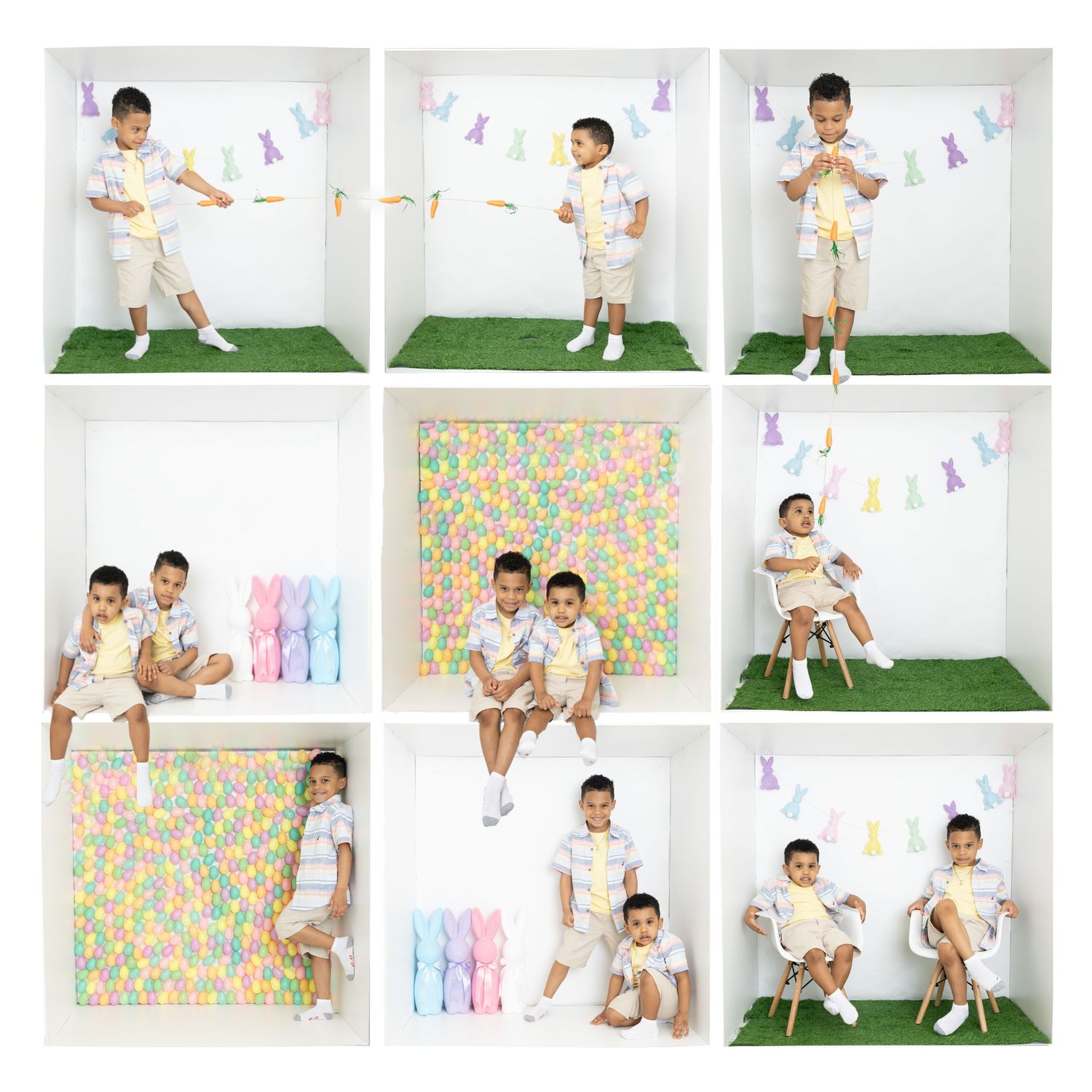 Nine photo grid showing children in white outfits posing against colorful spring backdrops.
