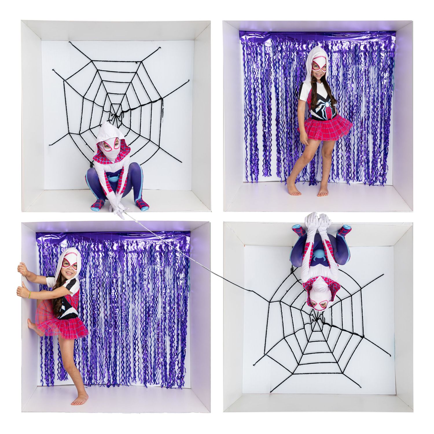Four photo collage showing playful Halloween poses against spider web and purple curtain backdrops.