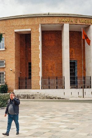 Exterior view of the Banka e Shqipërisë (Bank of Albania) building with its distinctive columns. Tirana, Albania,