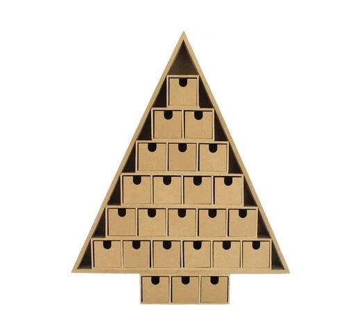 A wooden advent calendar in the shape of a Christmas tree with small drawers for each day.