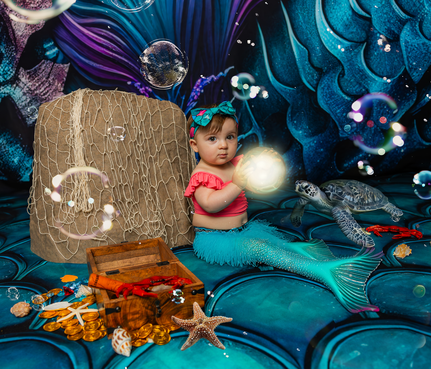 Magical underwater scene with treasure chest and mermaid tail against blue backdrop.
