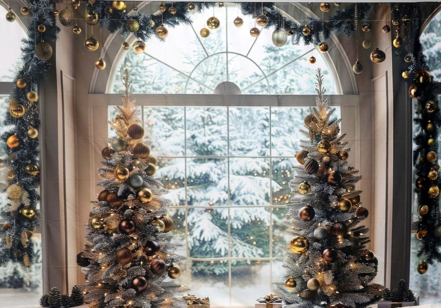 Elegant holiday window display with gold decorated Christmas trees framing a snowy winter view.