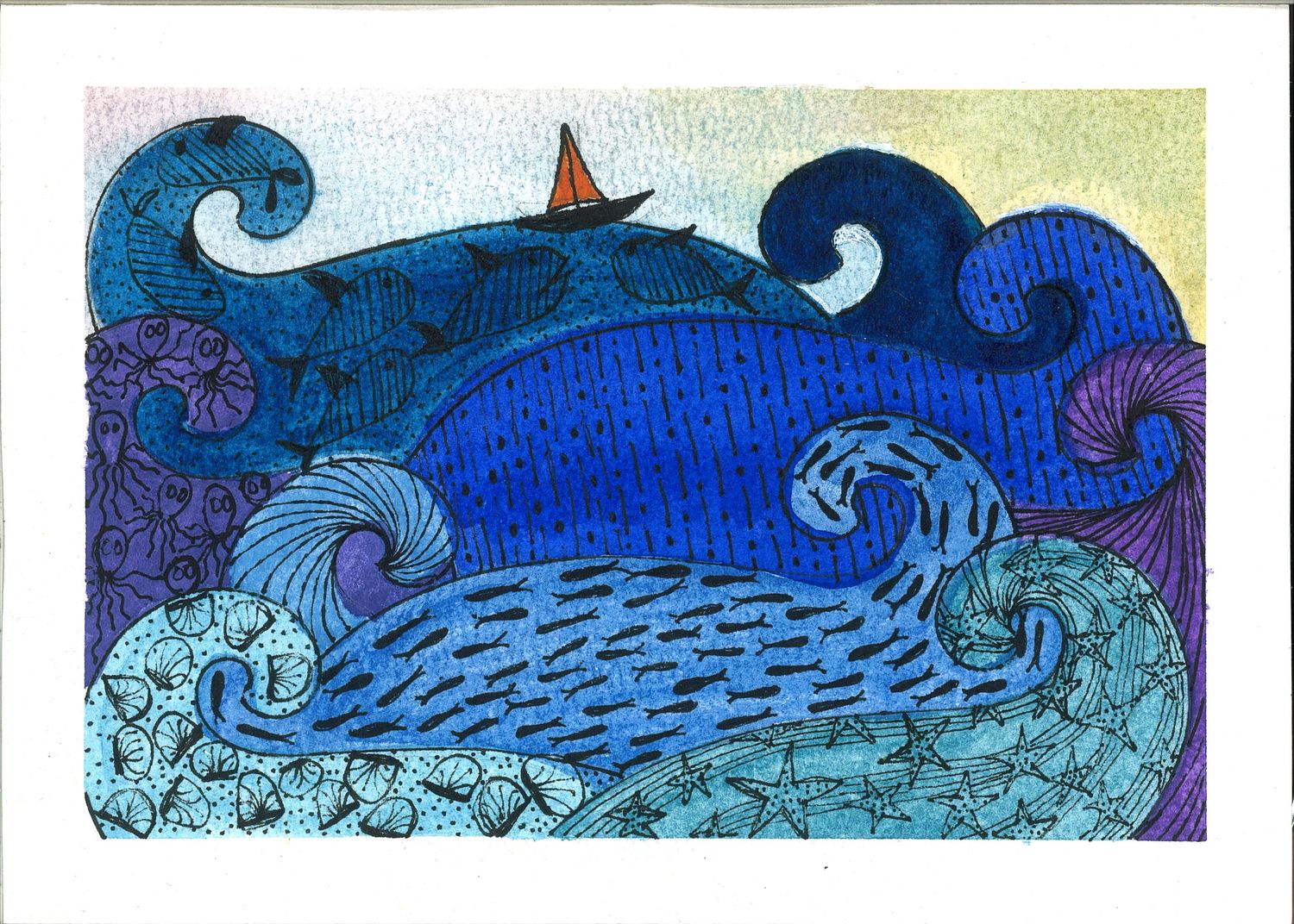 Series of blue ocean waves with boats under a night sky in watercolor style.