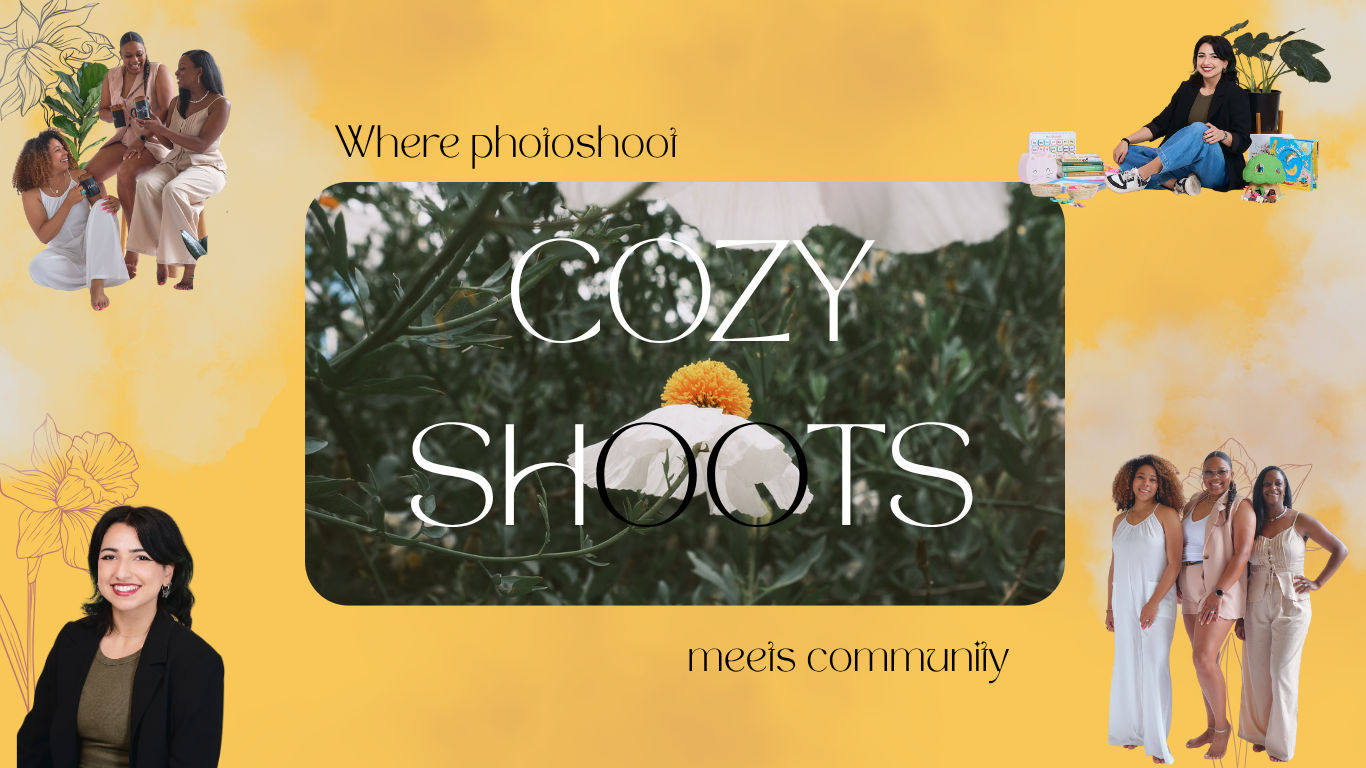 Cozy Shoots branding graphic with yellow background, where photoshoot meets community tagline and group photos.