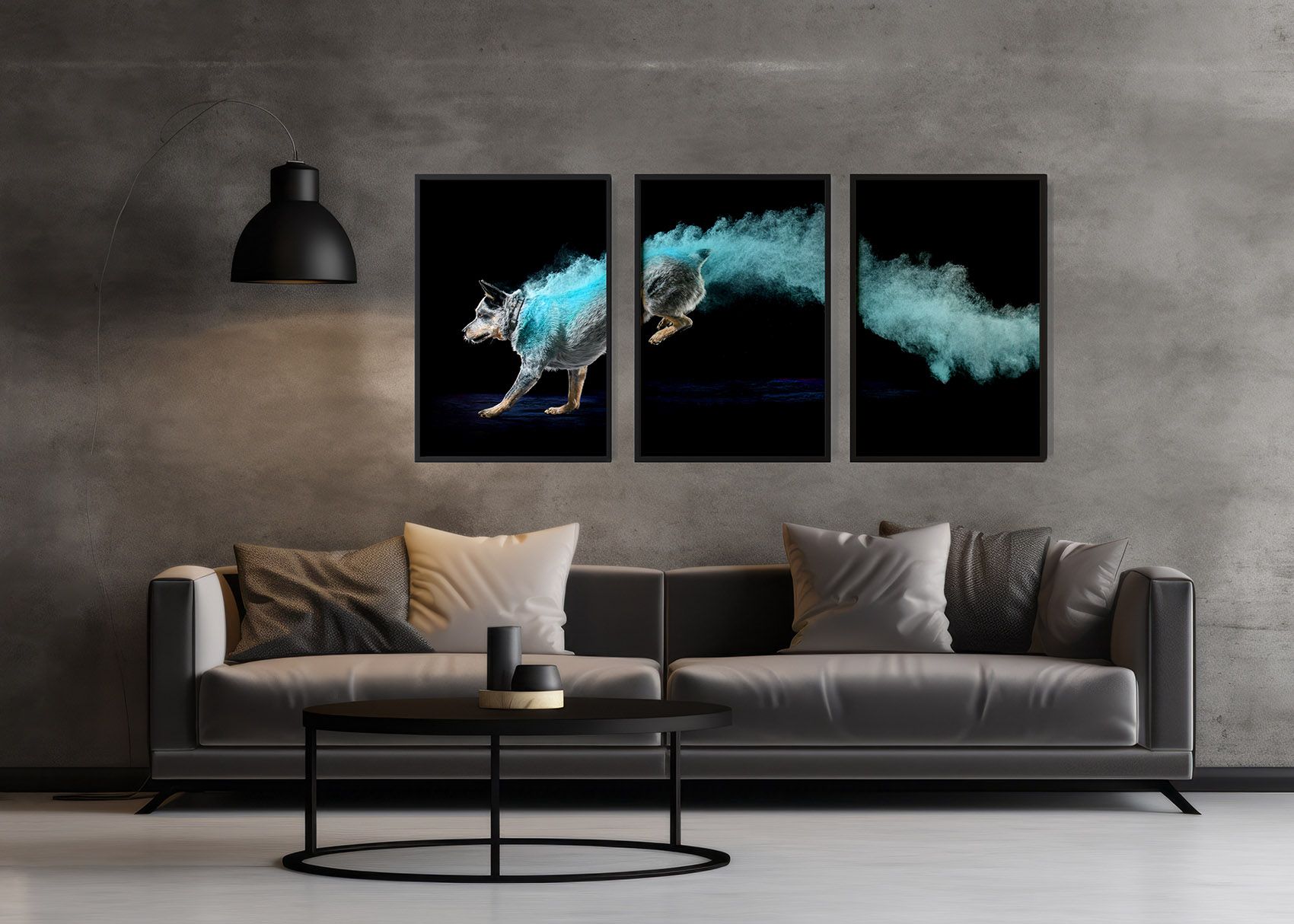 Modern living room with gray sofa and striking blue wolf triptych art on concrete wall above black coffee table.