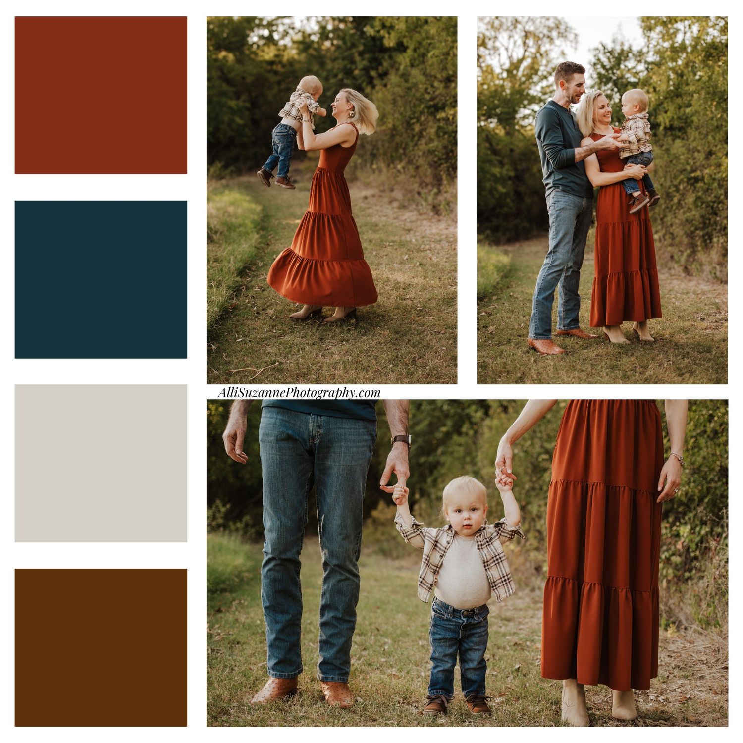 Natural outdoor family photo session with rust colored dress and denim jeans on a fall evening along a dirt path.