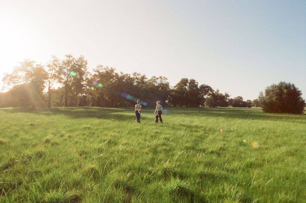 Queer couple anniversary photoshoot in Perth, Sarah and Viviane walking through a sunlit field, LGBTQ+ friendly photography.