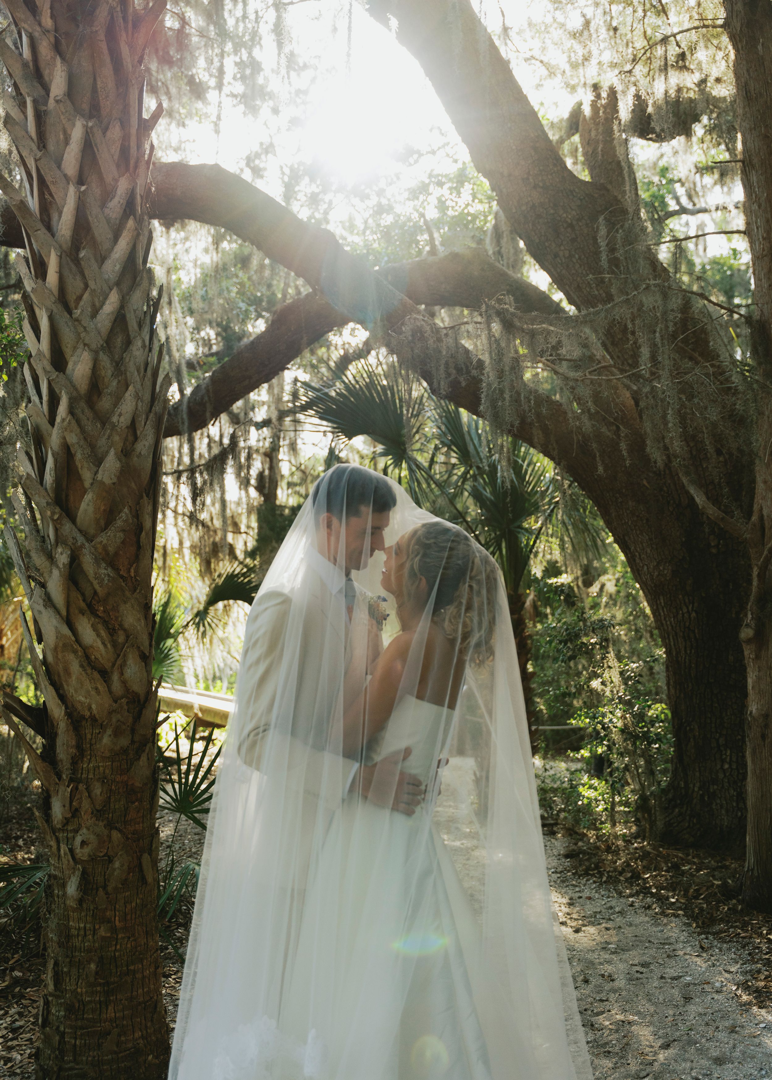 Bride and groom share an intimate kiss under a flowing veil between palm trees in lush greenery.
