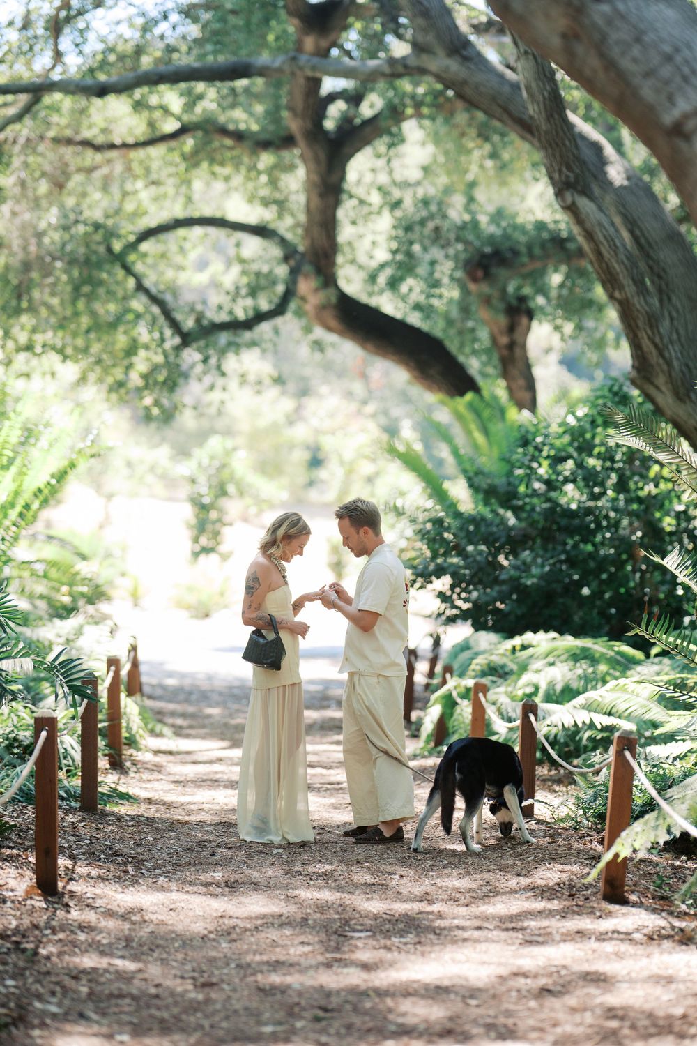 A couple shares an intimate moment on a tree-lined path while their dog stands nearby in a serene garden setting.