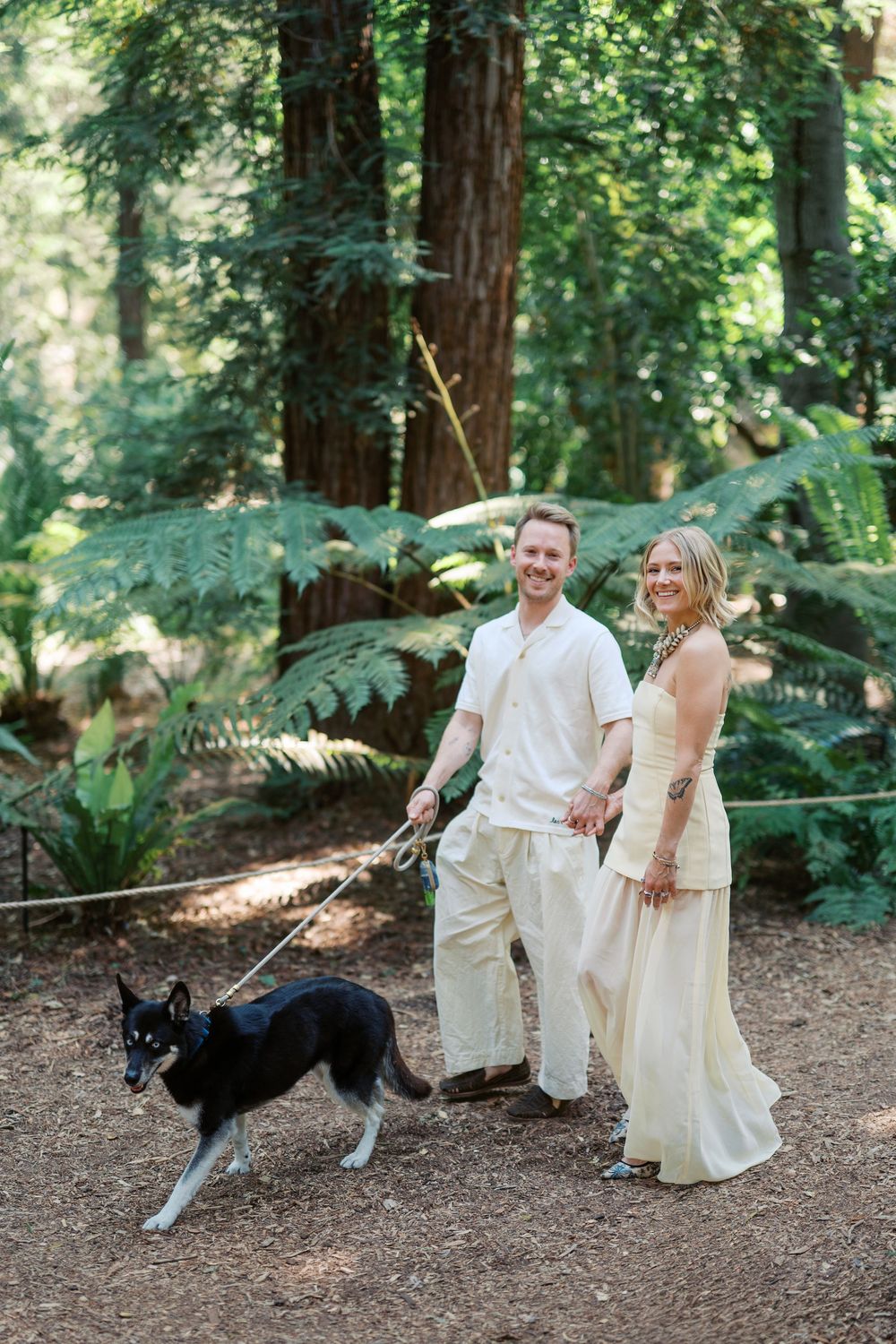 Couple in light colored outfits walking their black and white dog on a forest trail surrounded by lush ferns and redwoods.