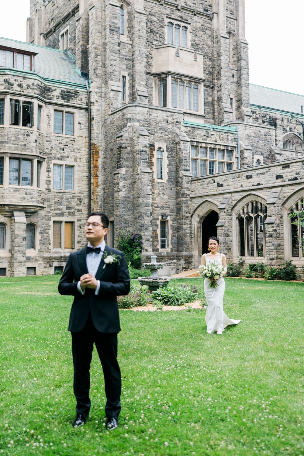 A romantic wedding first look moment at Knox College garden.