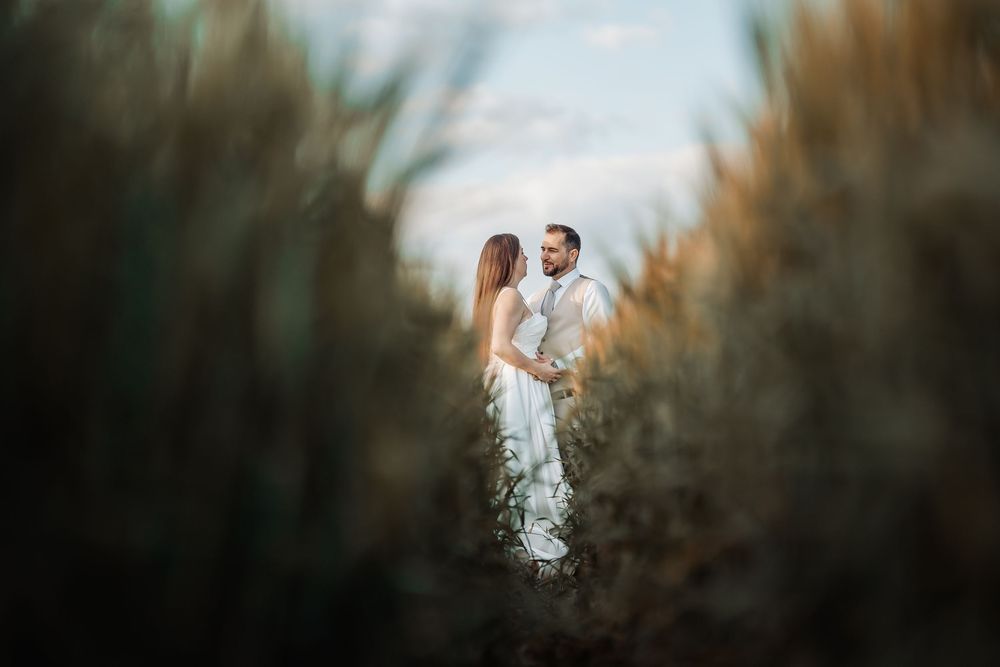 Silhouetted couple embraces against a dreamy sunset background with hazy trees and soft lighting.