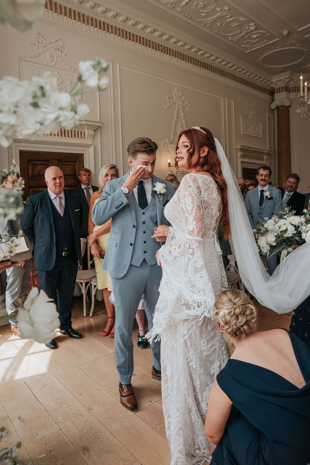 Emotional groom as he see's his bride walk down the aisle at Rockbeare Manor