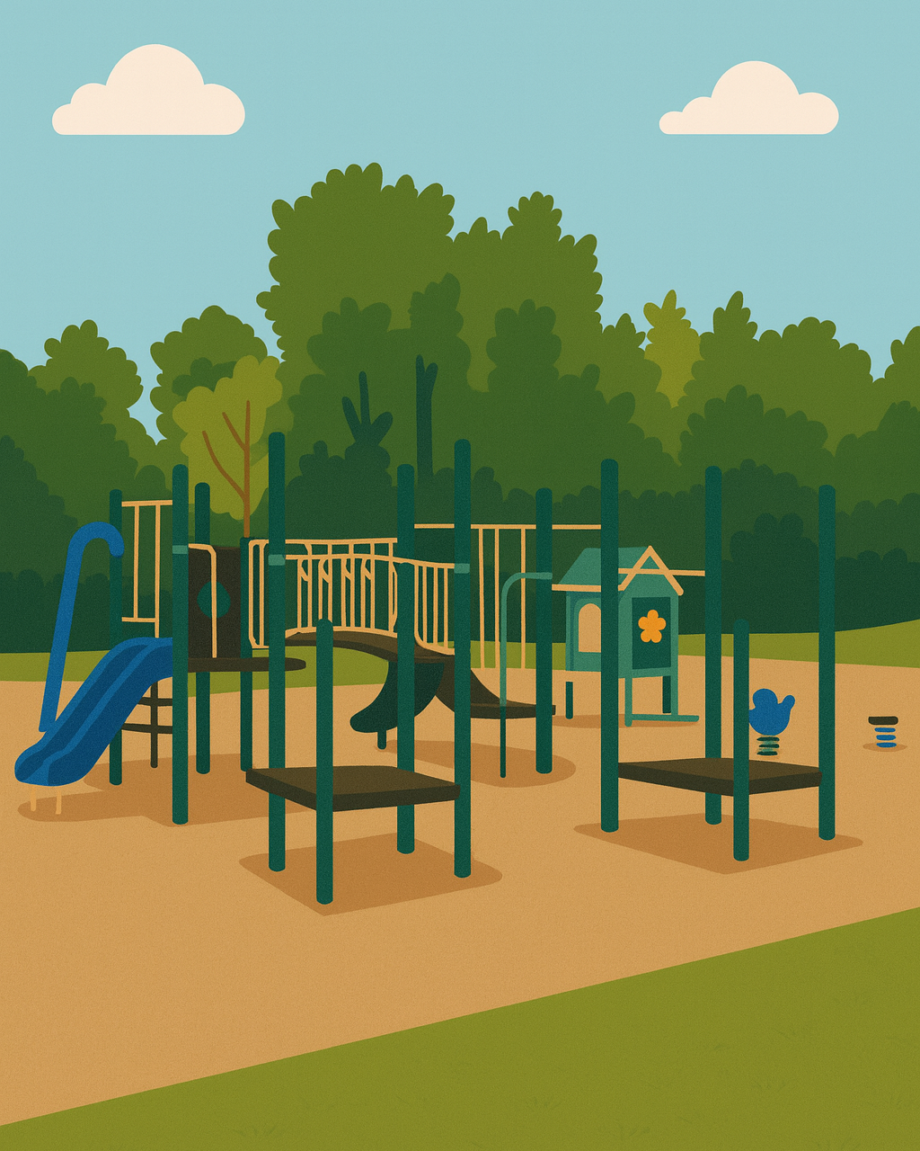A colorful playground with slides and climbing equipment sits in a park setting with green trees and blue sky in background. Greenaway Park