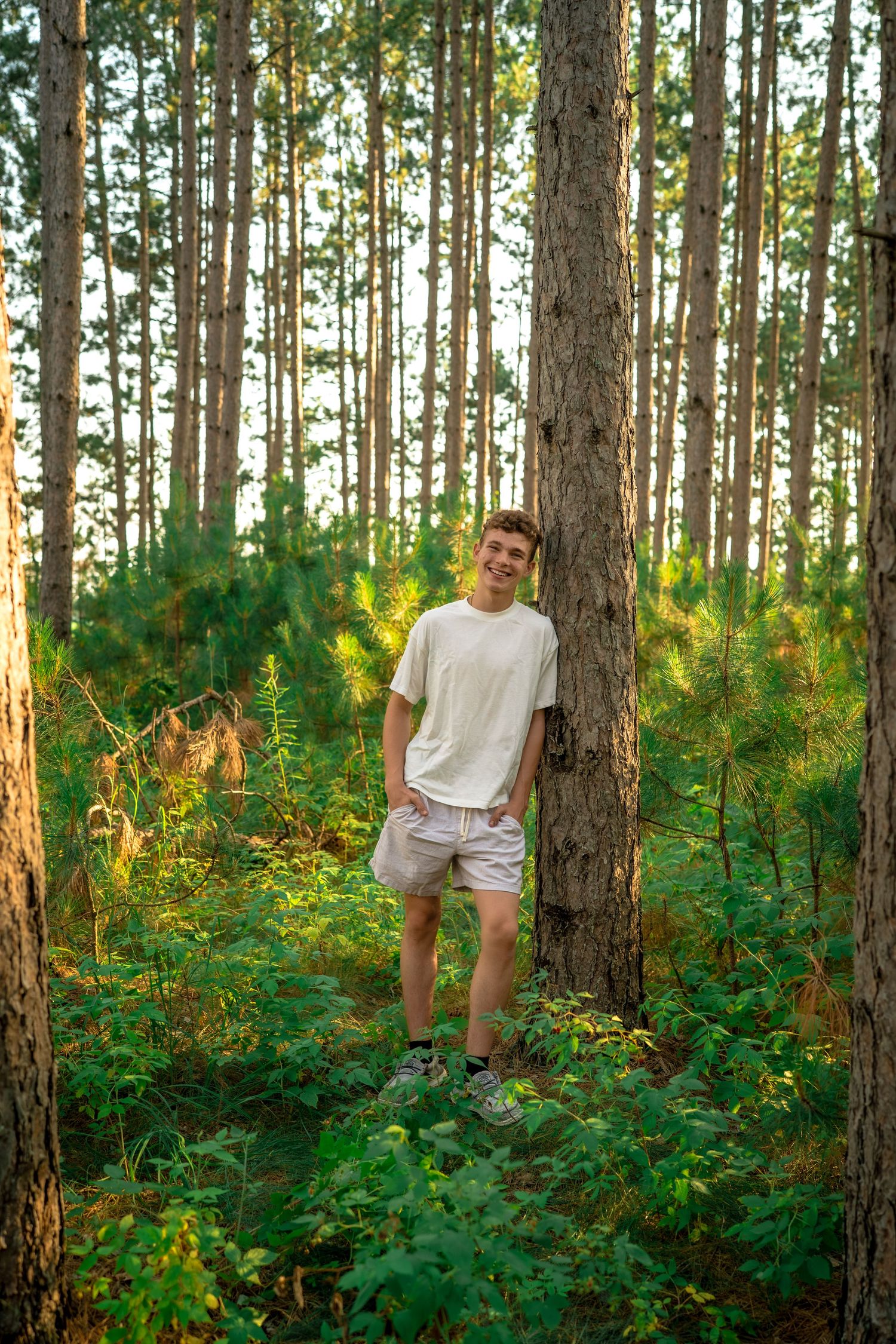 A figure stands casually against a tall pine tree in a sunlit forest wearing white shorts and t-shirt.