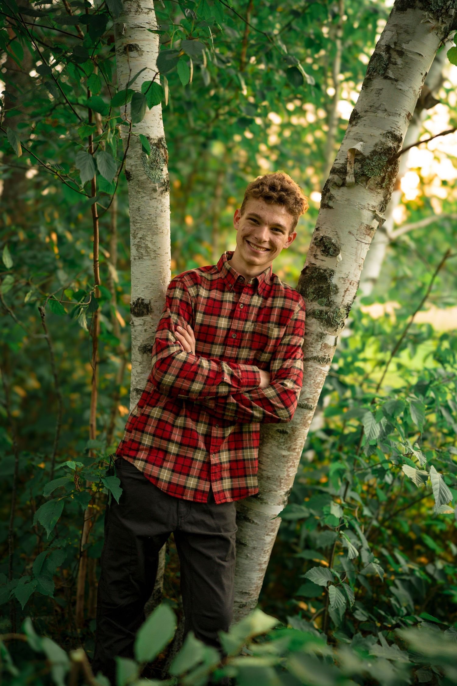A red plaid shirt stands out against birch trees and green foliage in an outdoor portrait session.