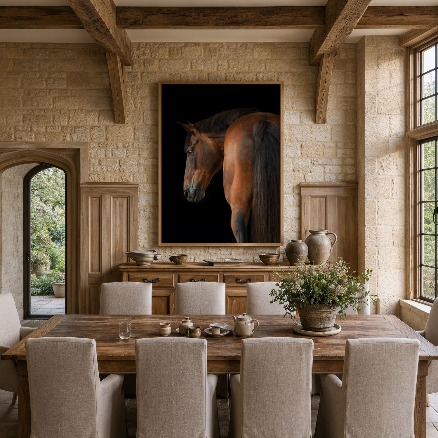 Gallery wall display showing equestrian photos on a dark wooden background with decorative vases and art pieces.