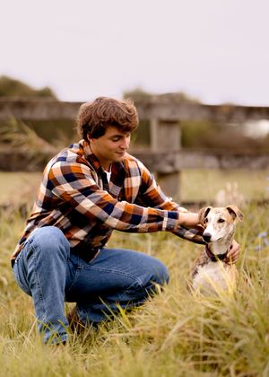 A person in a plaid shirt and jeans plays with a small dog in a grassy field.