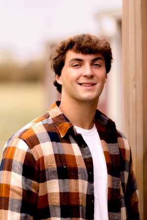 A series of casual portraits showing someone in a plaid flannel shirt.