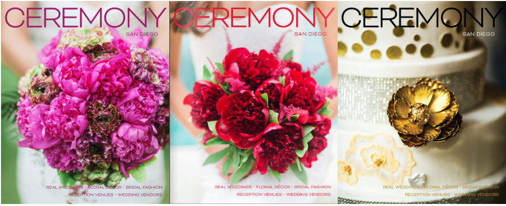 Three cohesive magazine covers showing pink floral arrangements, red peonies, and an elegant white wedding cake.