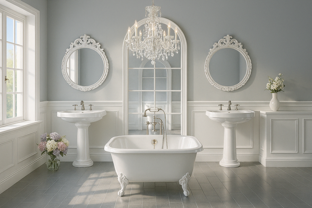 Luxurious white bathroom with crystal chandelier, twin pedestal sinks and clawfoot tub.