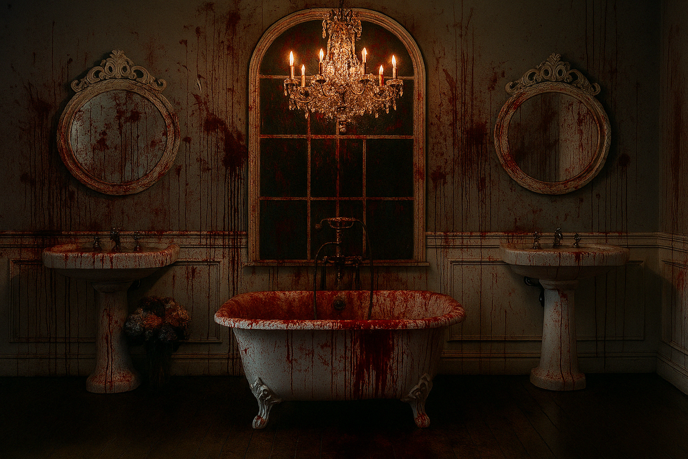 Gothic bathroom scene with blood-stained walls around vintage tub and ornate mirrors.