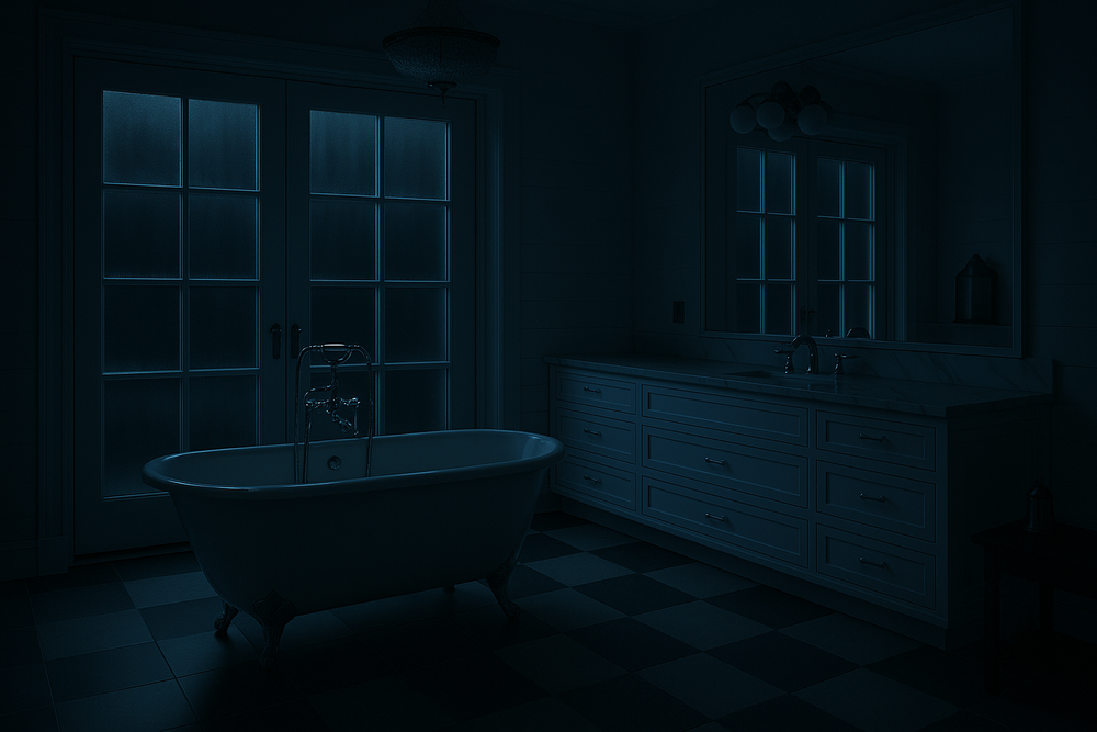 Dark bathroom interior with moonlight streaming through windows illuminating a clawfoot tub.