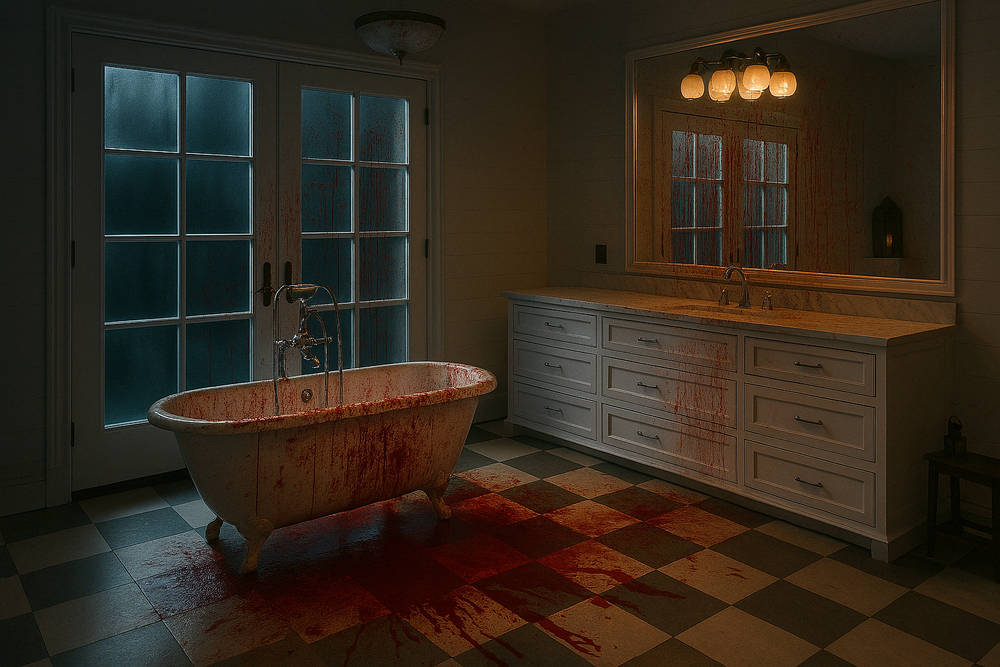Elegant bathroom with clawfoot tub and blood stains on checkered floor.