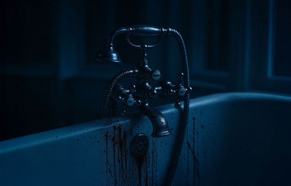 Dark moody photo of a vintage bathtub faucet with ominous lighting.