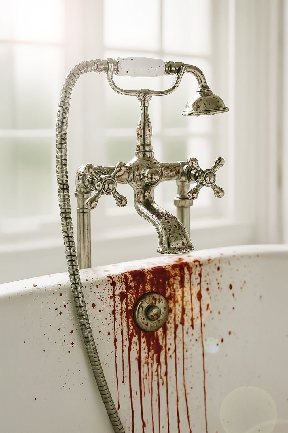 A vintage bathtub faucet with ornate details and blood-like stains dripping down the white surface.