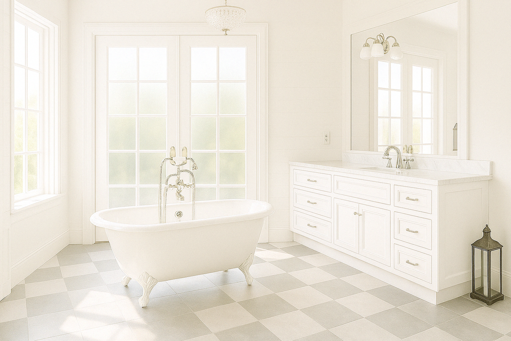Bright white bathroom interior with clawfoot tub, pedestal sinks and checkerboard flooring.