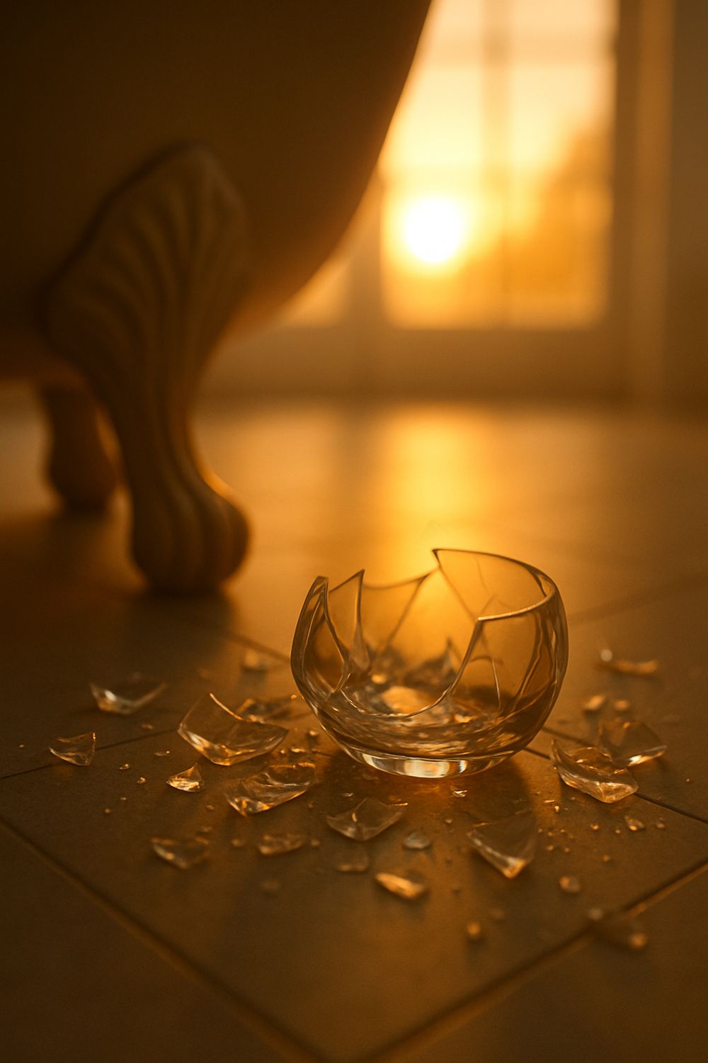 A broken glass bowl lies shattered in pieces on a surface, silhouetted against a warm sunset glow through a window.