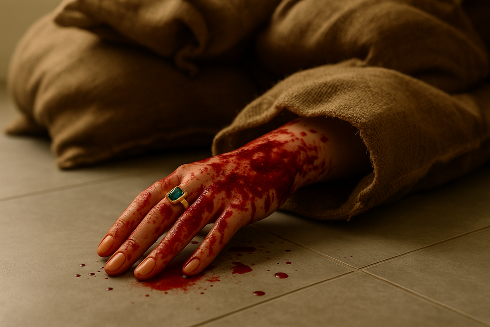 Bloody hand rests on bare floor in dramatic horror scene composition with dark moody lighting.