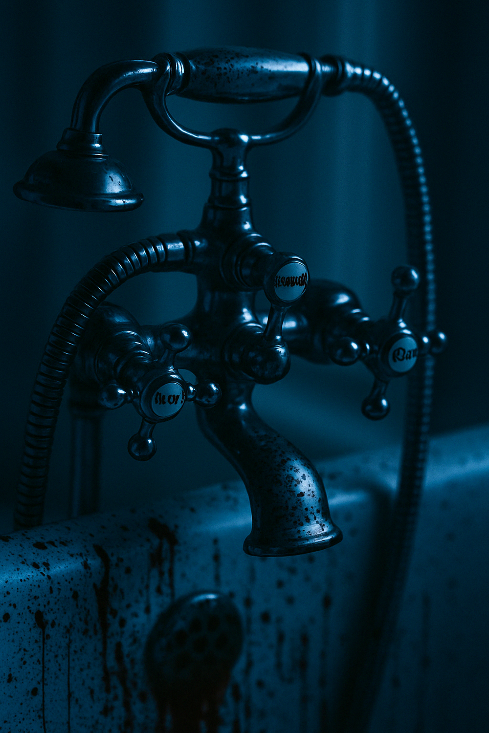 Vintage bathtub faucet fixtures in moody blue lighting creating dramatic atmosphere.