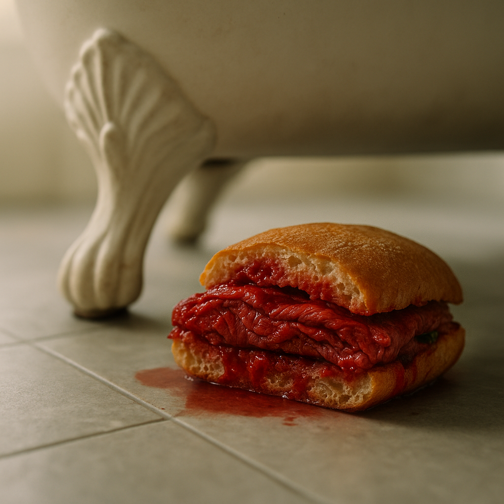 A sequence of photos showing a sandwich being bitten and progressively eaten down to the last bite on a light surface.