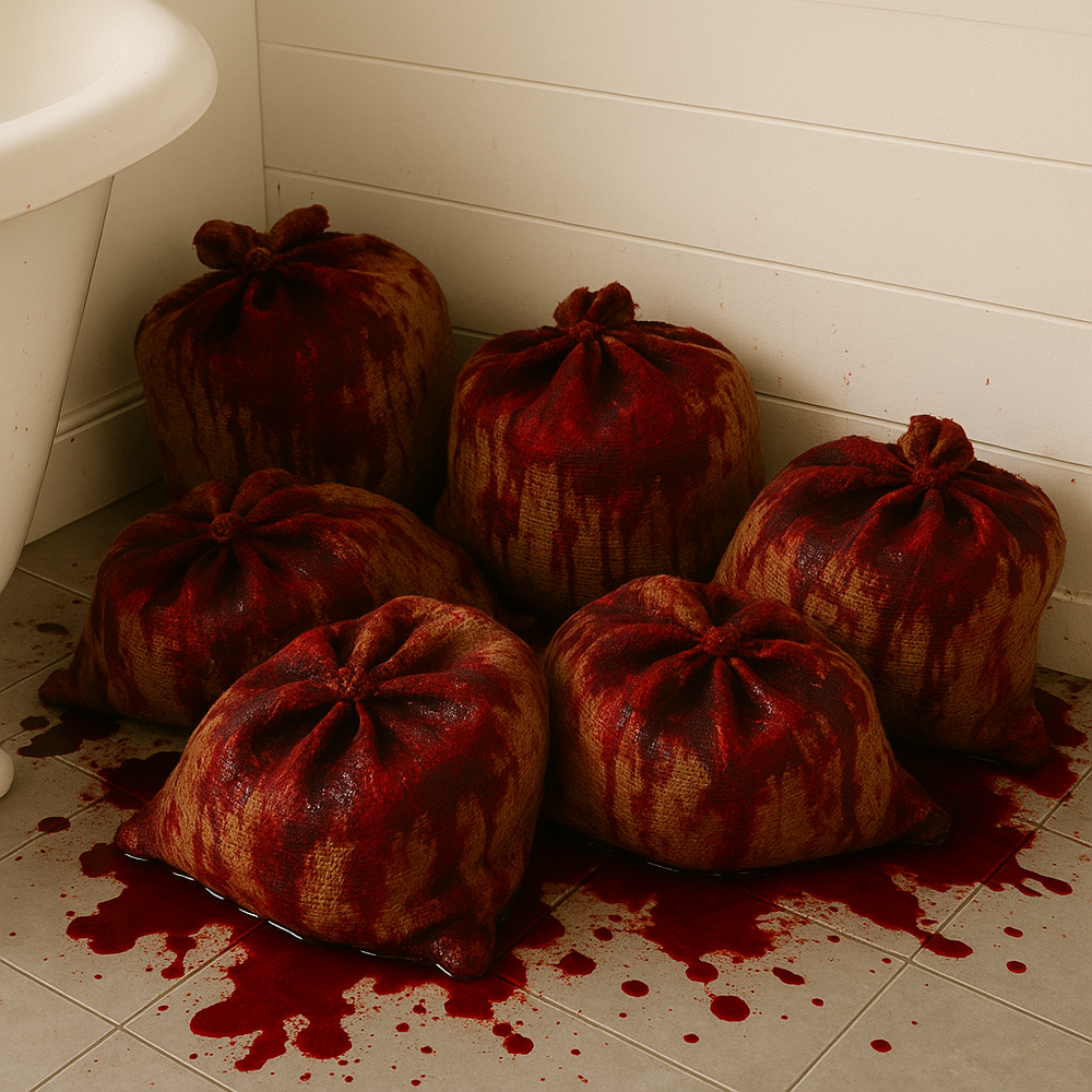 Five blood-stained fabric sacks arranged on white bathroom floor with red liquid spatter creating a spooky Halloween scene.