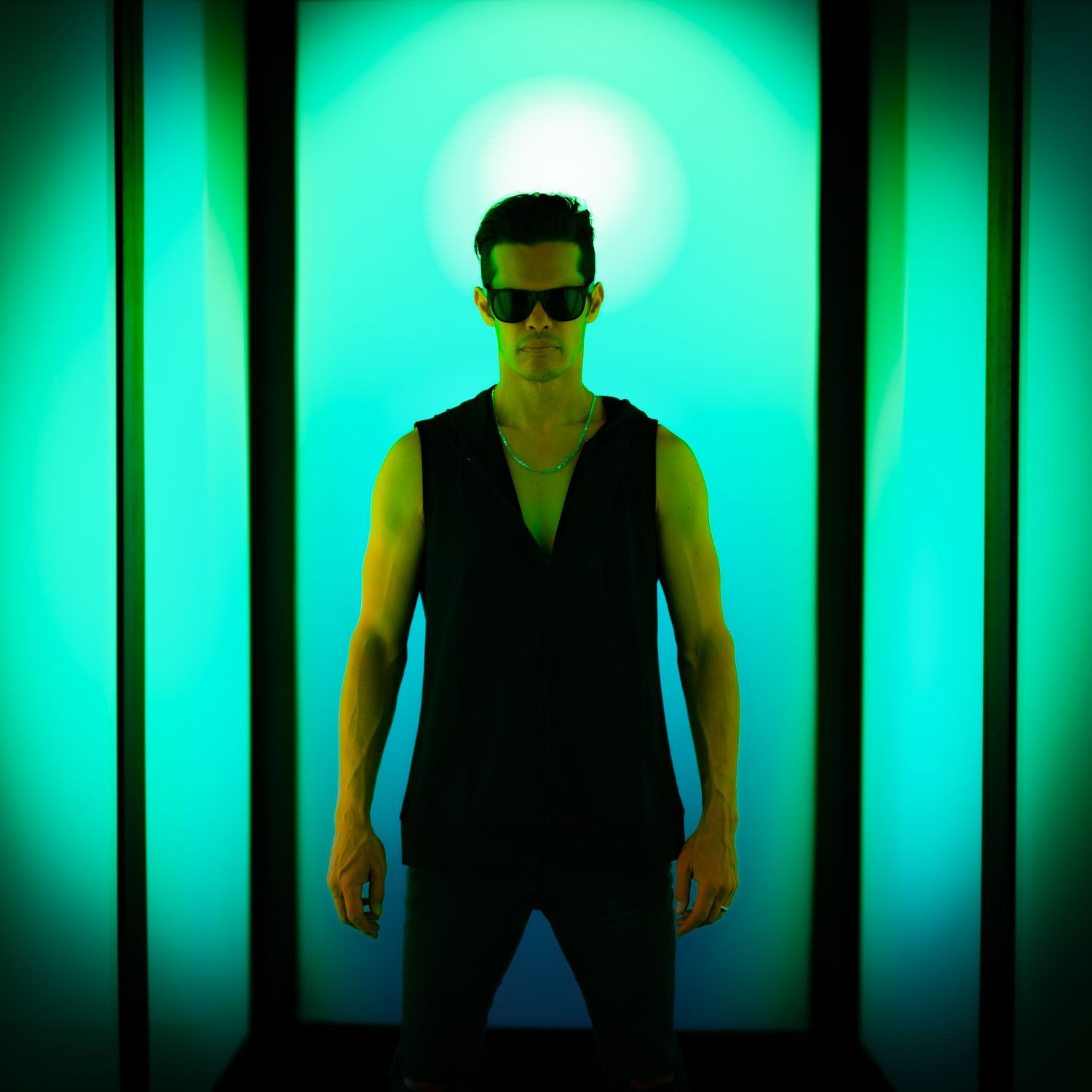 Silhouette figure in dark clothing against green backlit panels creating a dramatic effect.