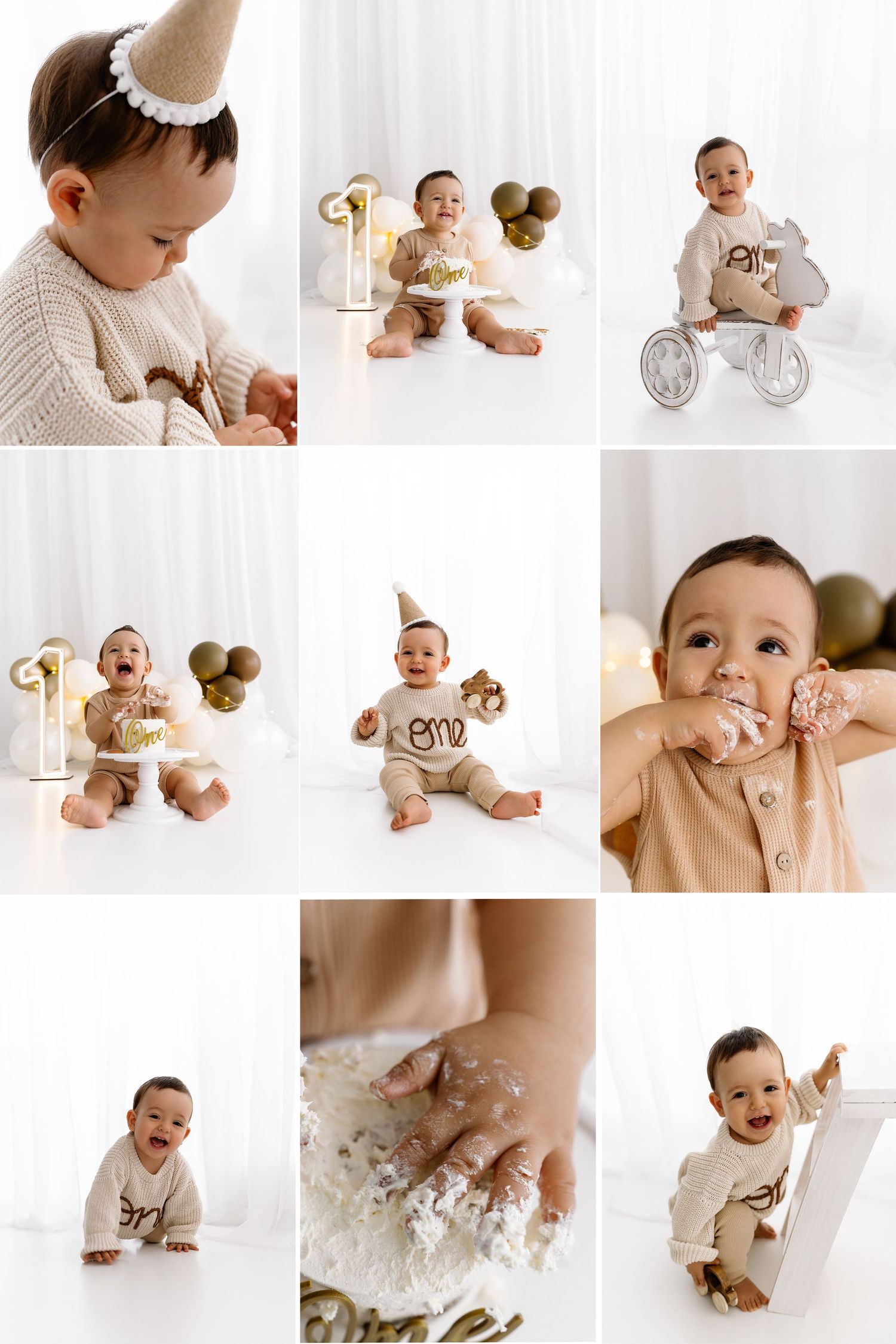 Neutral-toned photography collage featuring baby portraits and milestone moments in soft beige and cream colors.