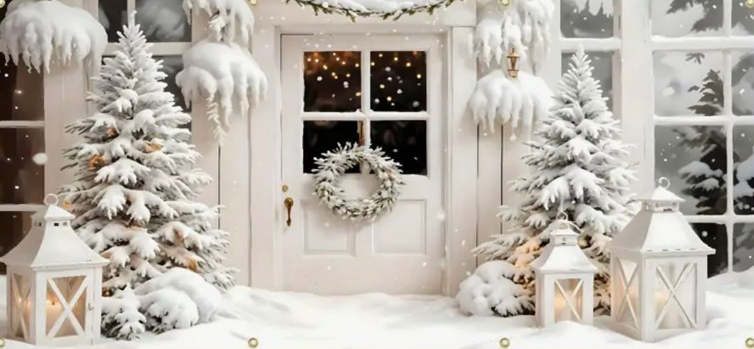 Festive winter porch scene with snow-covered Christmas trees, lanterns, and a white wreath hanging on a glass door.