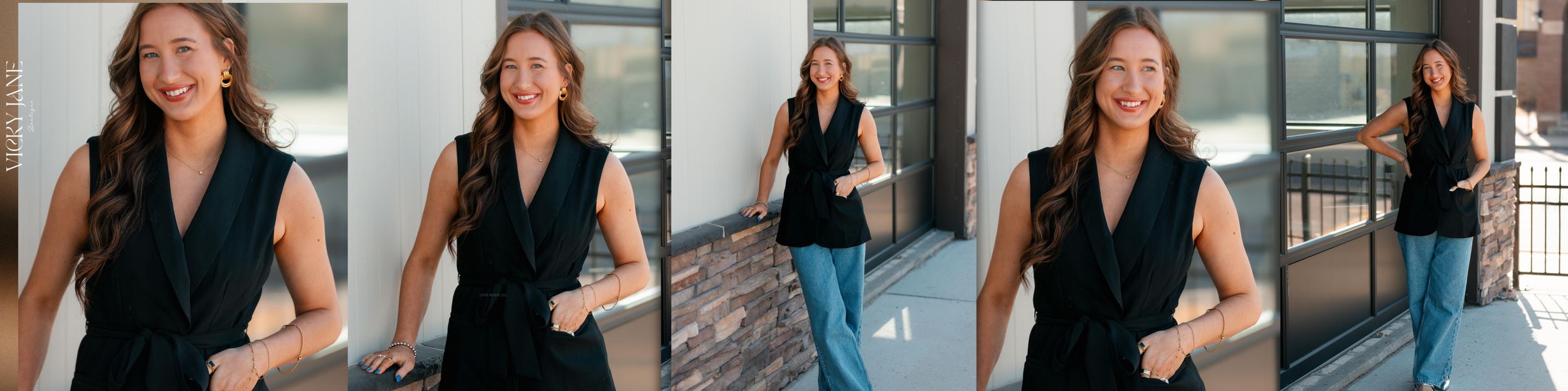 Professional in a black sleeveless top and trousers poses confidently in an office setting while walking.