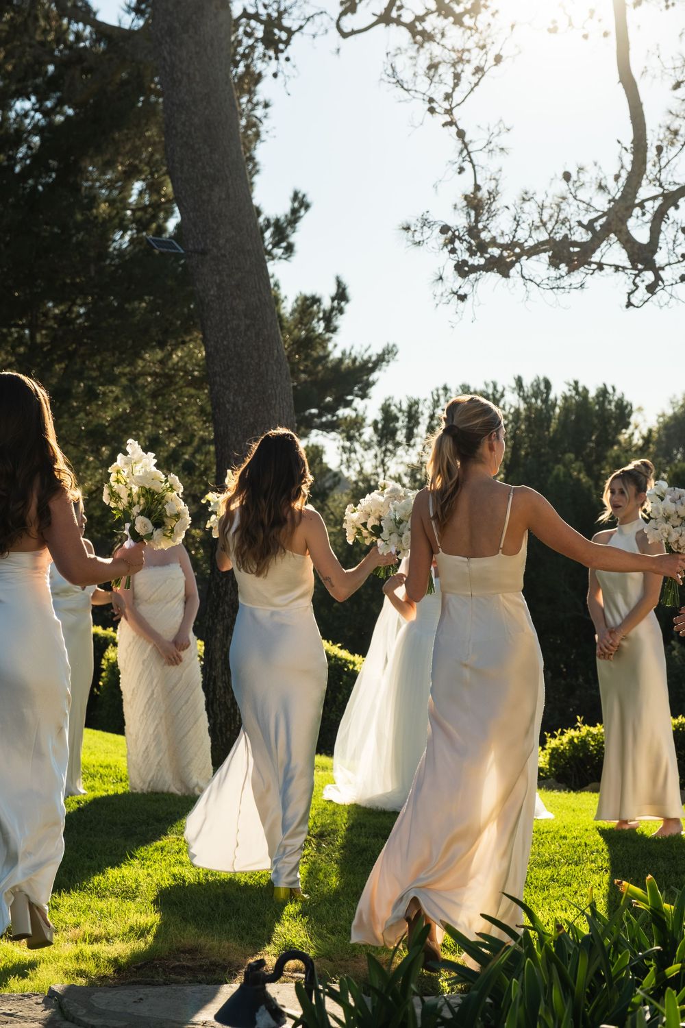A group in white dresses stands together on a grassy hillside backlit by golden sunlight.