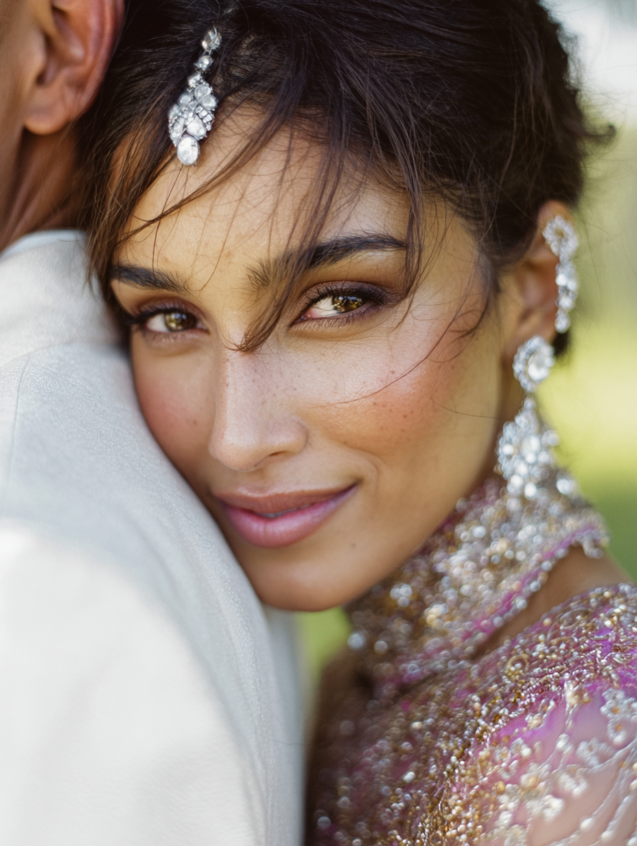 Indian Bride with beautiful makeup leaning against her grooms back