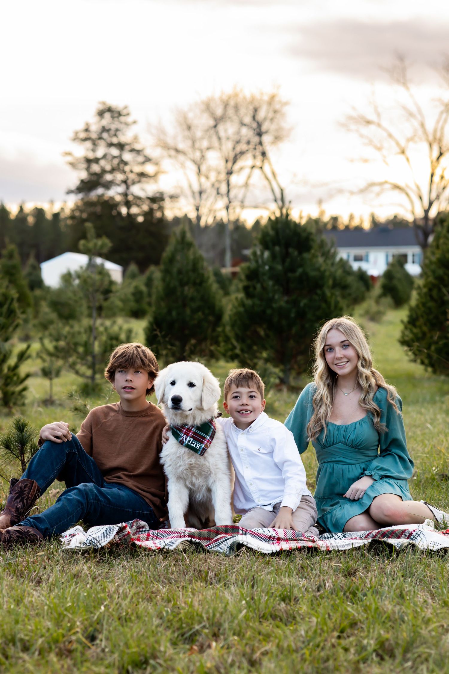 A group lies together on grass with a white dog during sunset at a family photo session outdoors. Family photographer in Richmond, Virginia