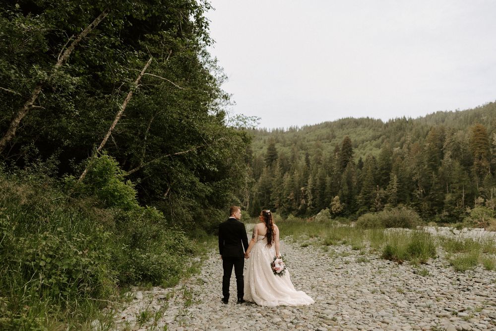 A scenic mountain landscape with evergreen trees and a rocky trail.