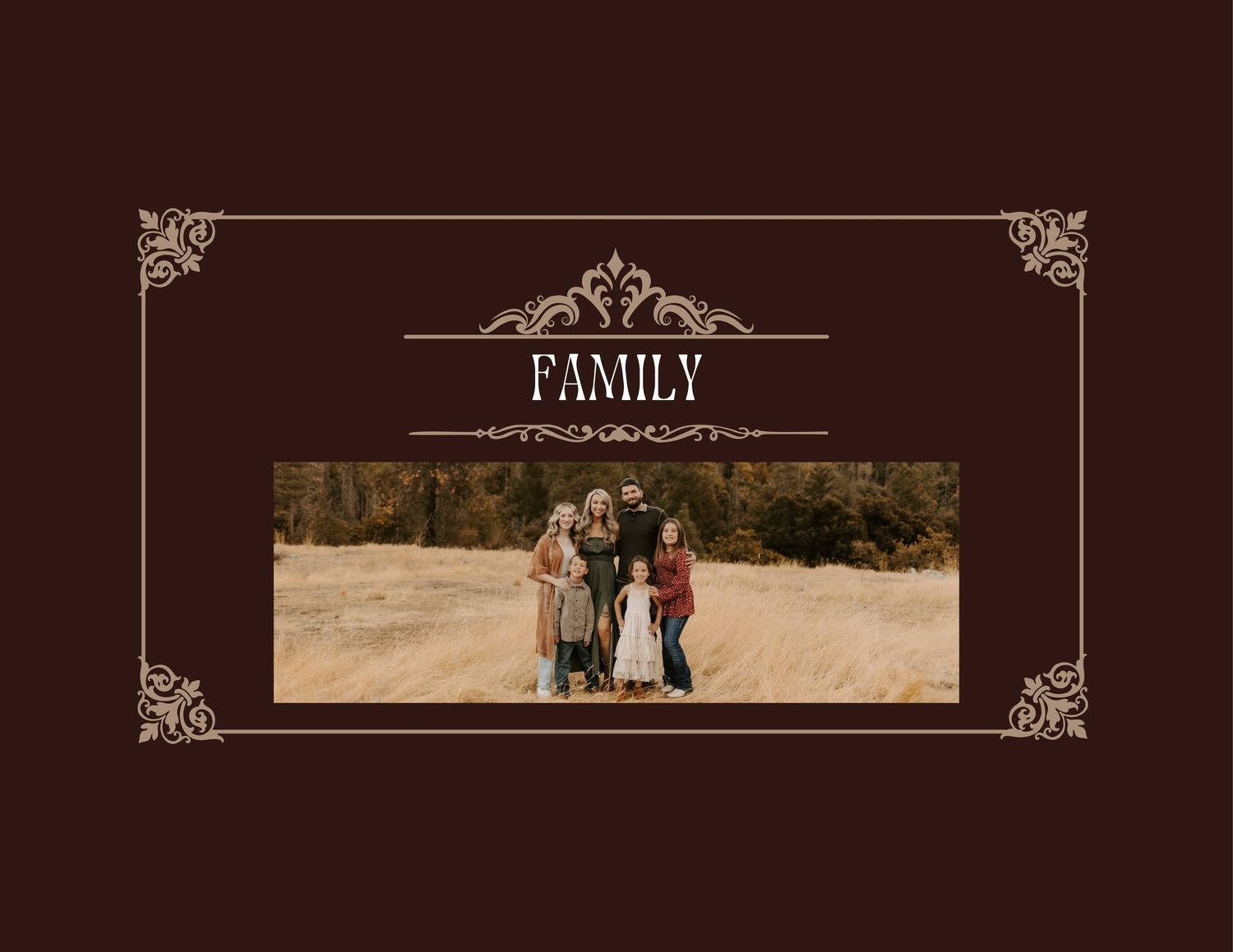 A decorative brown and gold vintage-style family photo album cover with ornate flourishes and text.