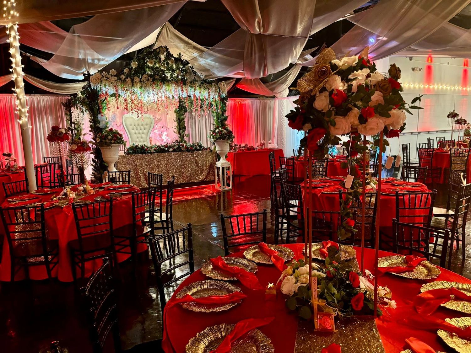 Dallas Fort Worth quinceañera venue photographed during real event, showing spacious dance floor, lighting setup, and guest seating flow