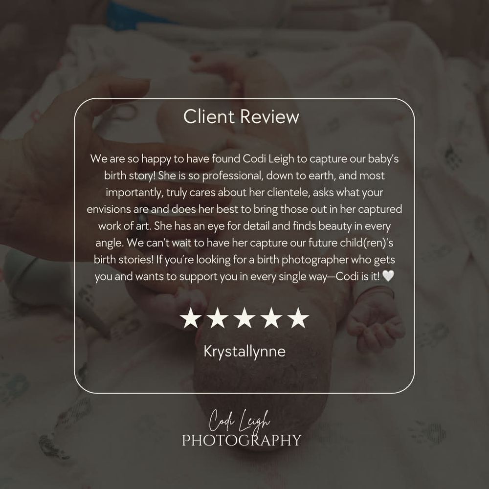 A professional photography website banner shows a five-star client review with white text on a dark background.