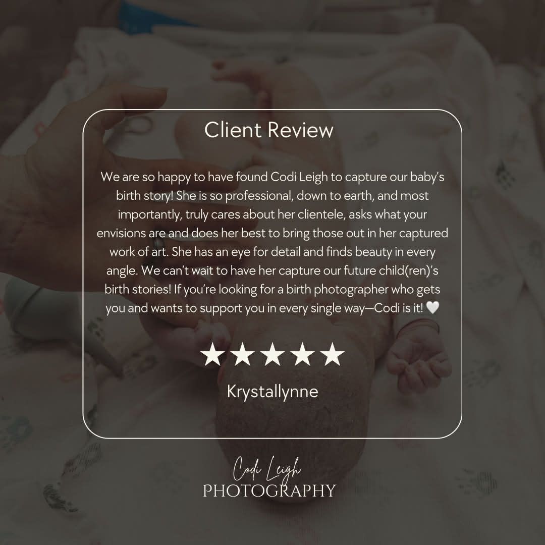 A professional photography website banner shows a five-star client review with white text on a dark background.