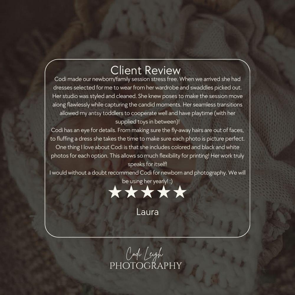 A professional photography website design featuring dark moody colors and a 5-star client review section.